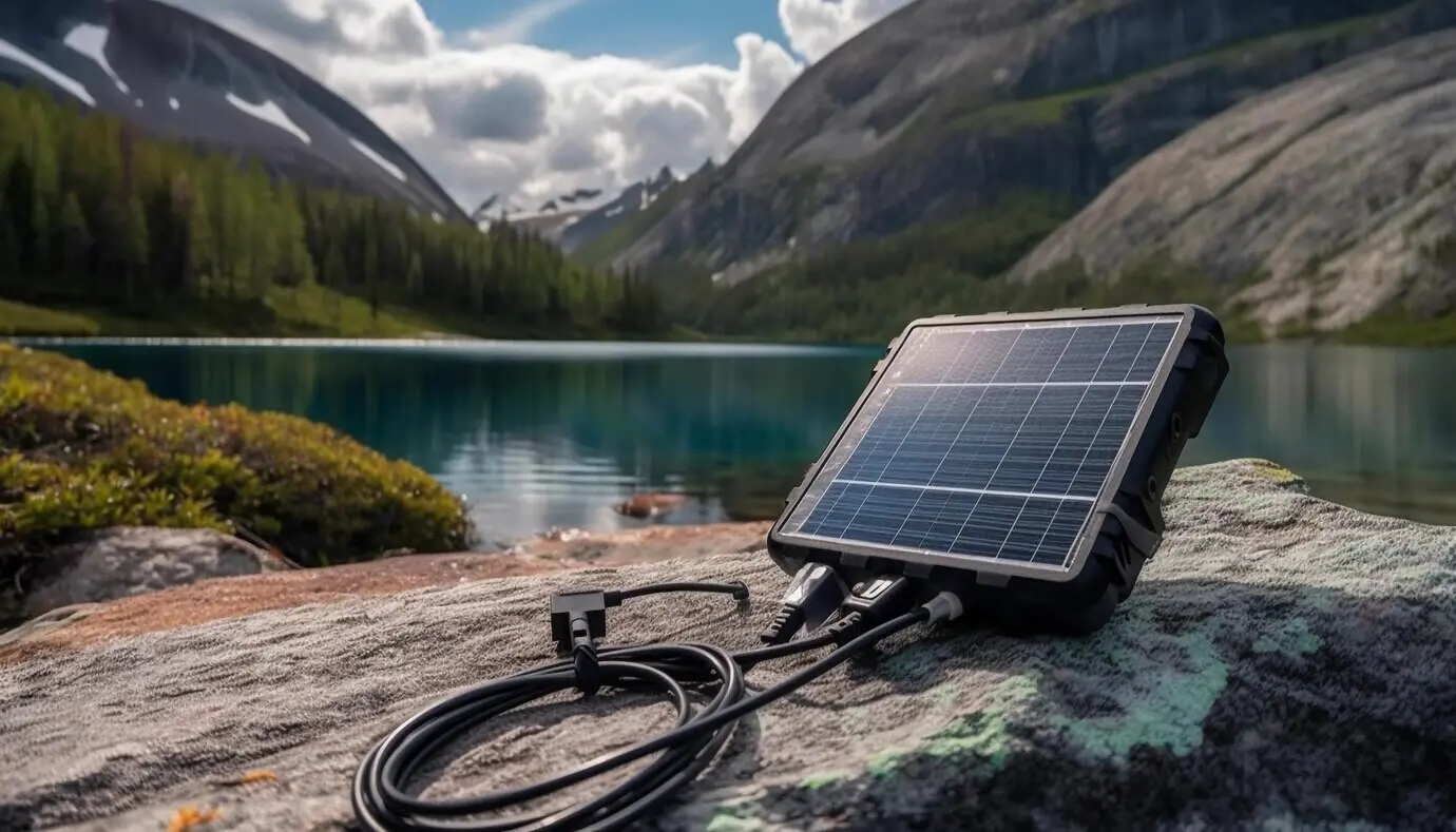 A solar panel on a mountain generates clean electricity produced by AI.