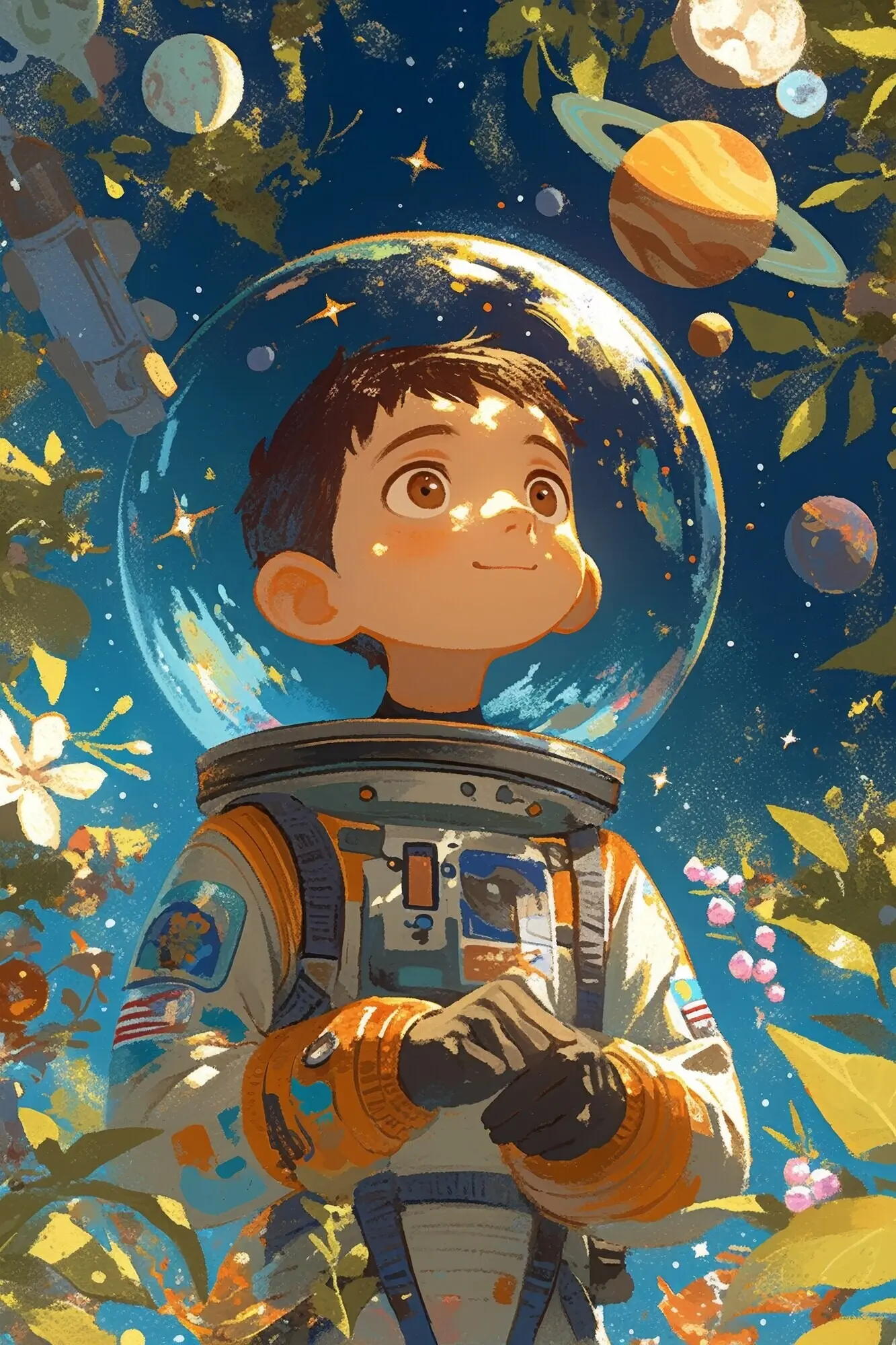 Illustration featuring an anime character near a galaxy planet.