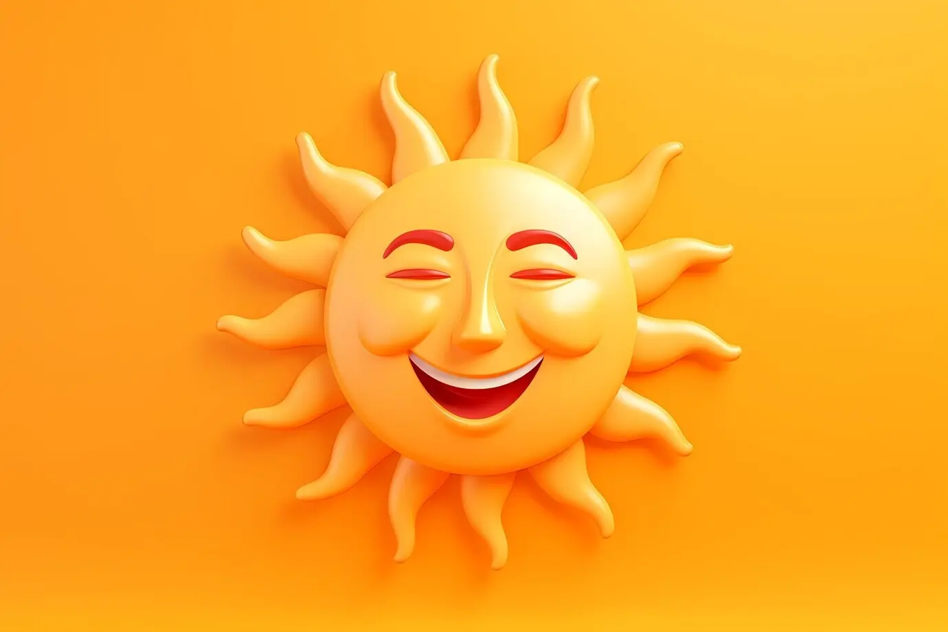 View of a 3D smiley sun against a simple background.