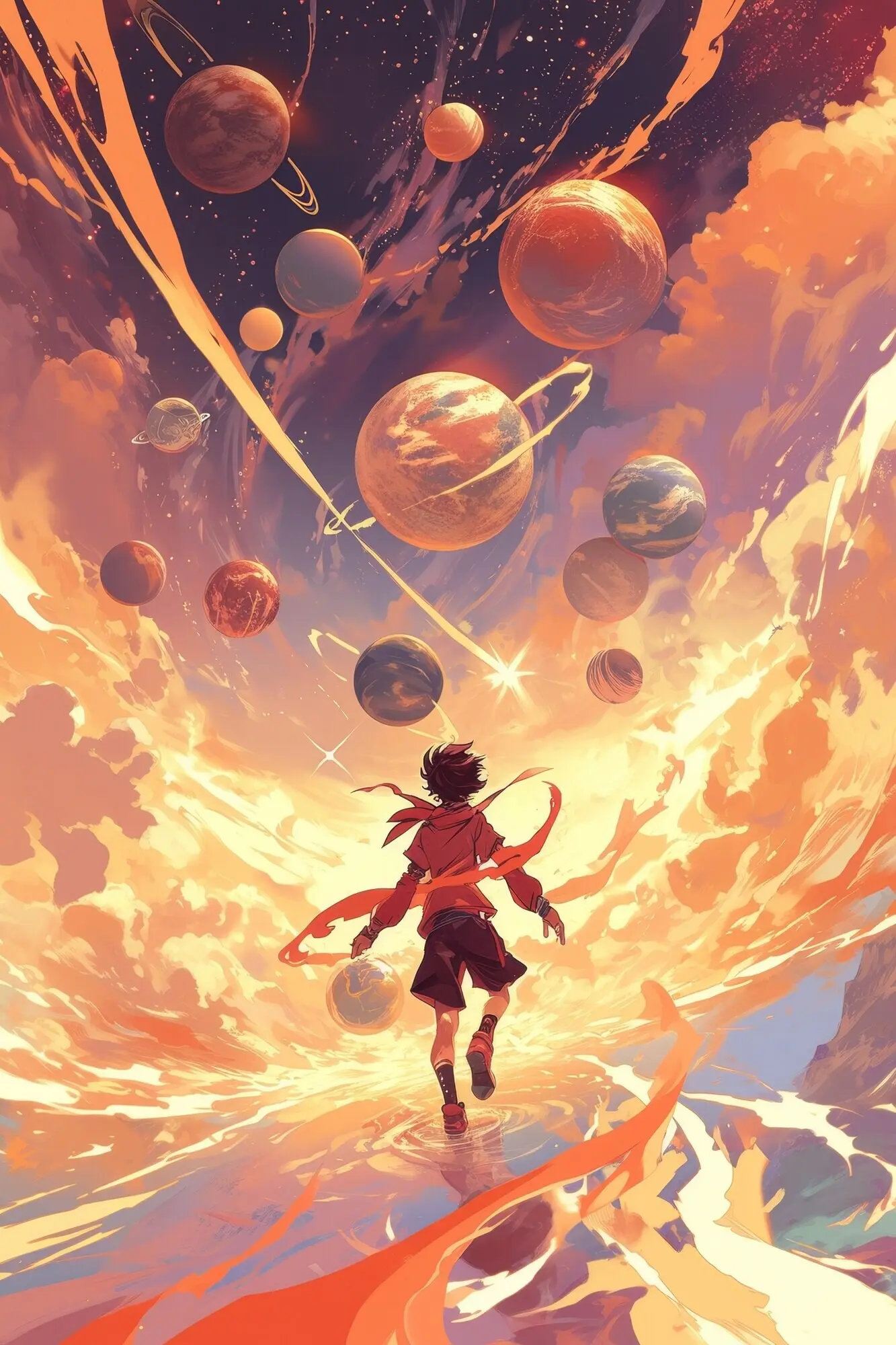 An illustration showing an anime character next to a galaxy planet.